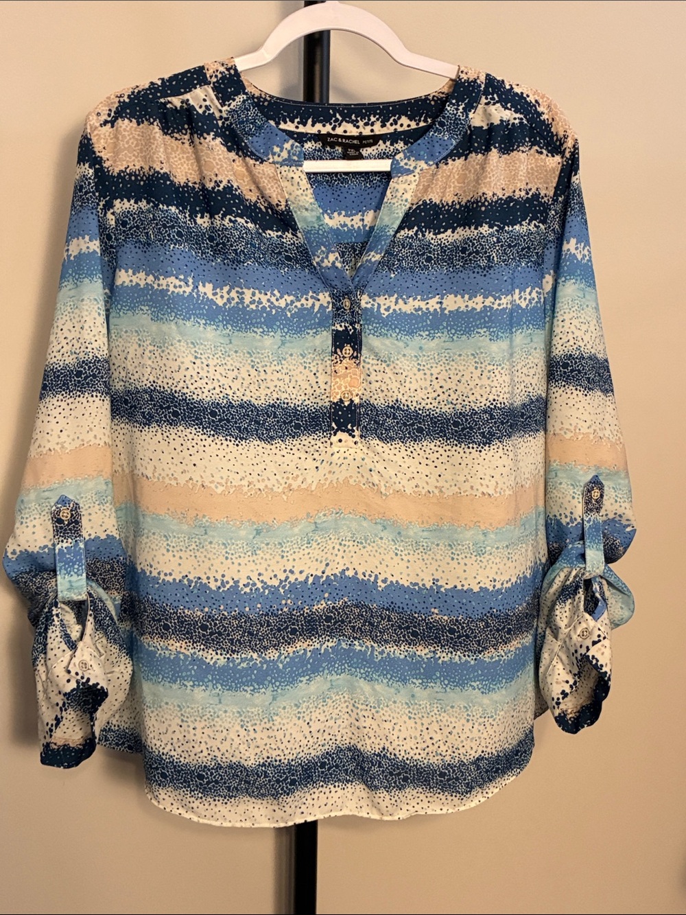 Zac & Rachel Blouse Blue and Cream Beachy Striped Henley Neckline Petite XL